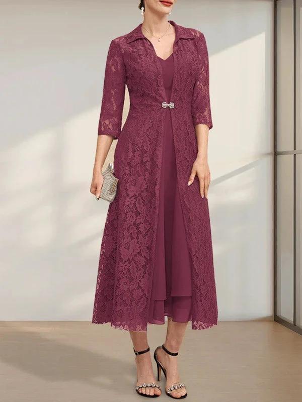 A-line V-Neck Tea-Length Chiffon Mother of the Bride Dress - Image 17