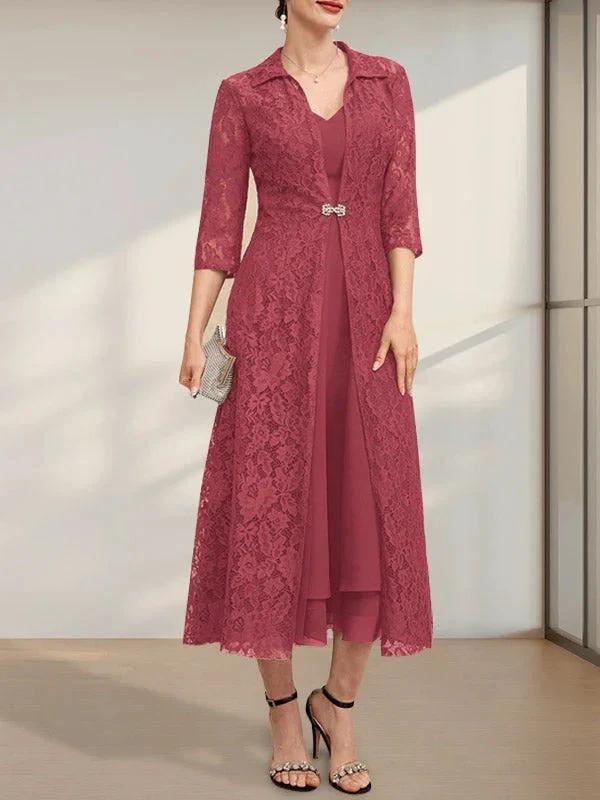 A-line V-Neck Tea-Length Chiffon Mother of the Bride Dress - Image 18