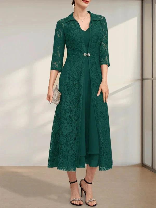 A-line V-Neck Tea-Length Chiffon Mother of the Bride Dress - Image 19