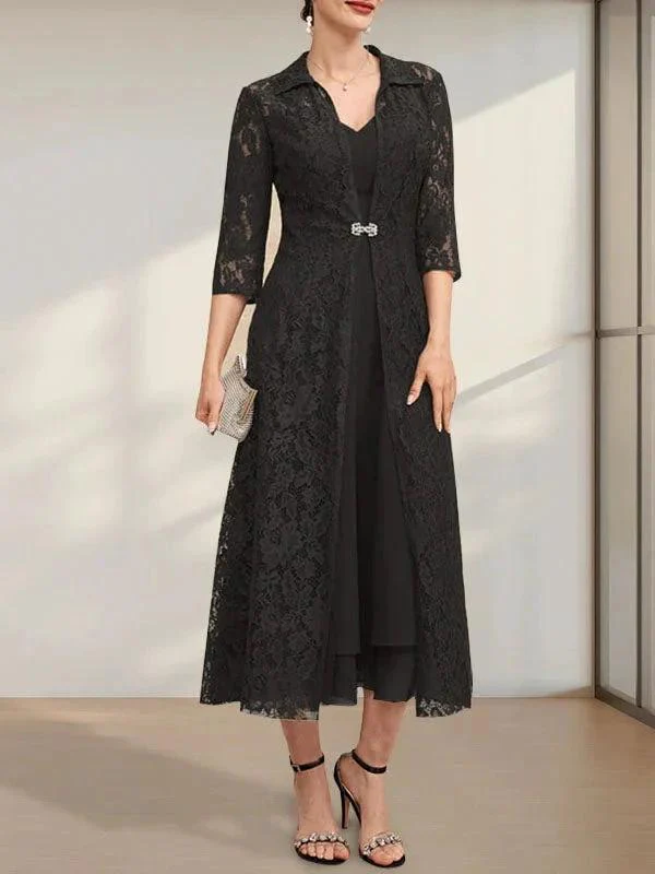 A-line V-Neck Tea-Length Chiffon Mother of the Bride Dress - Image 2