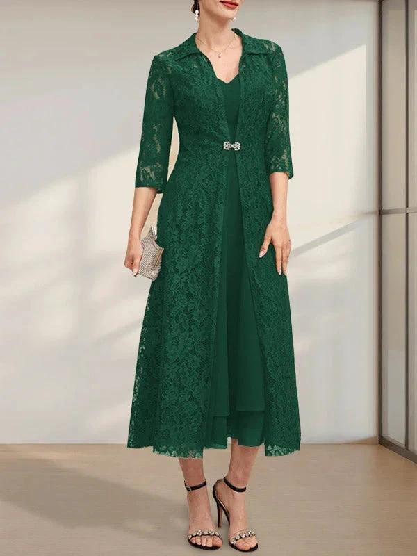 A-line V-Neck Tea-Length Chiffon Mother of the Bride Dress - Image 20
