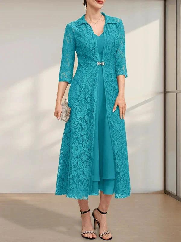 A-line V-Neck Tea-Length Chiffon Mother of the Bride Dress - Image 21