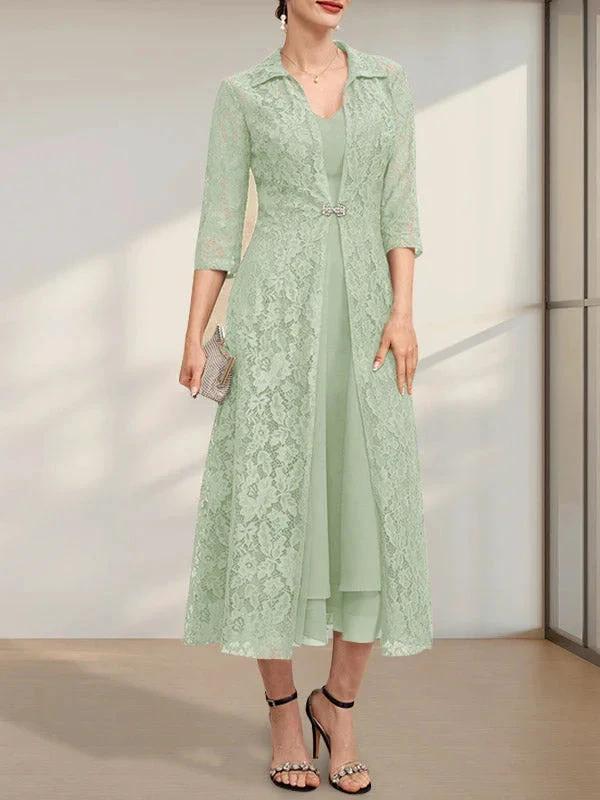 A-line V-Neck Tea-Length Chiffon Mother of the Bride Dress - Image 22