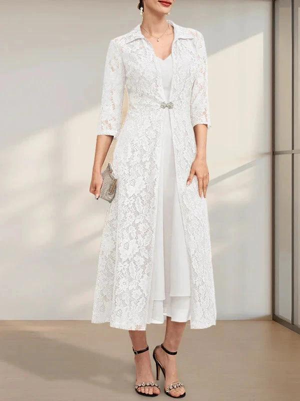 A-line V-Neck Tea-Length Chiffon Mother of the Bride Dress - Image 23