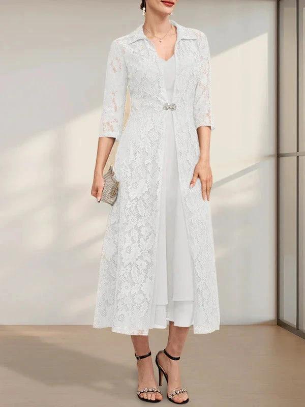 A-line V-Neck Tea-Length Chiffon Mother of the Bride Dress - Image 24