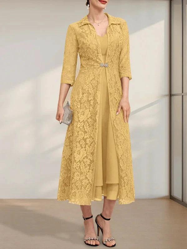 A-line V-Neck Tea-Length Chiffon Mother of the Bride Dress - Image 25