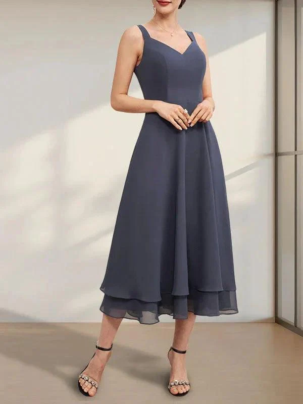 A-line V-Neck Tea-Length Chiffon Mother of the Bride Dress - Image 26