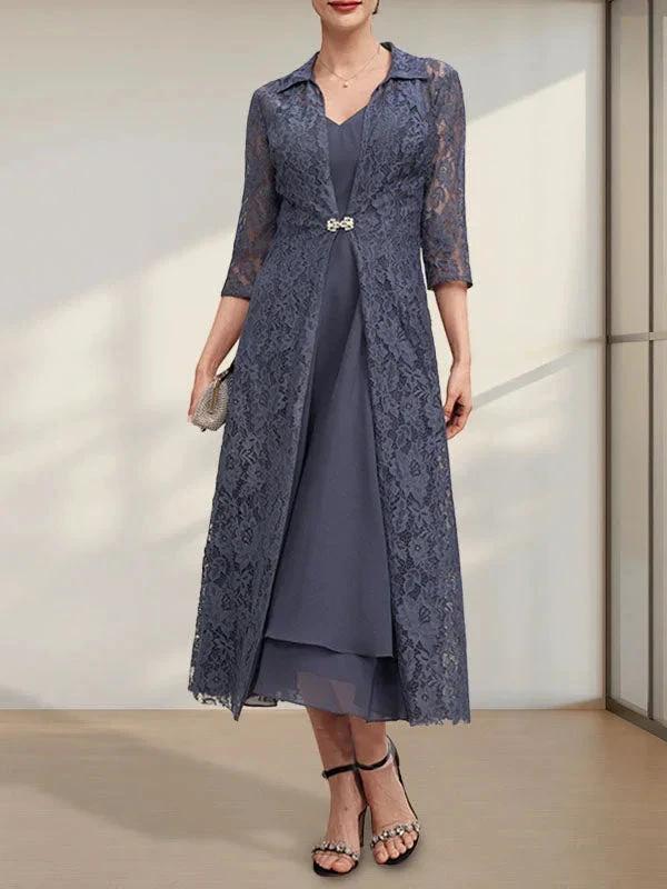 A-line V-Neck Tea-Length Chiffon Mother of the Bride Dress - Image 27