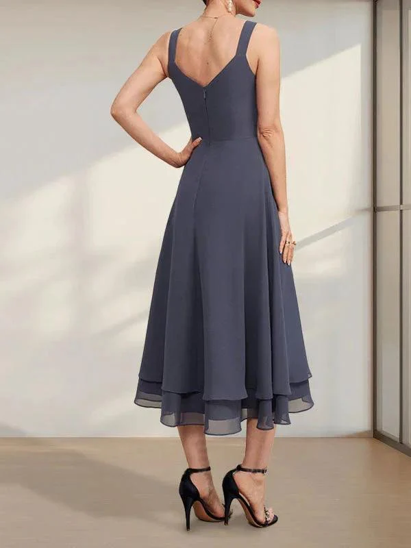 A-line V-Neck Tea-Length Chiffon Mother of the Bride Dress - Image 29