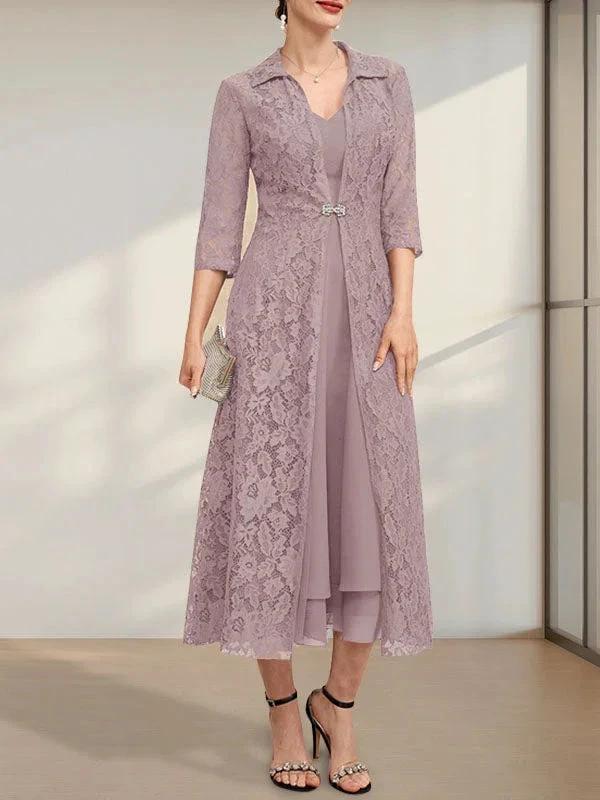 A-line V-Neck Tea-Length Chiffon Mother of the Bride Dress - Image 3