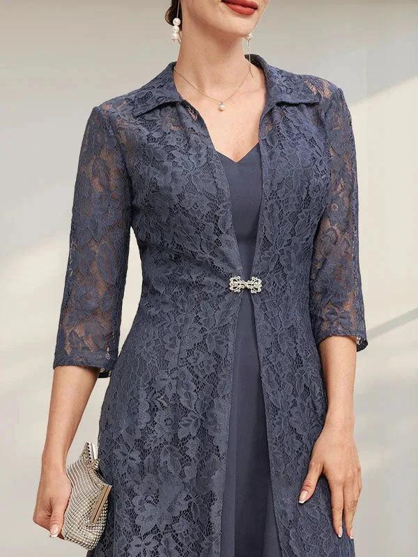 A-line V-Neck Tea-Length Chiffon Mother of the Bride Dress - Image 30