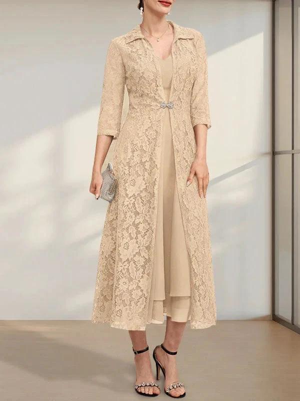 A-line V-Neck Tea-Length Chiffon Mother of the Bride Dress - Image 4