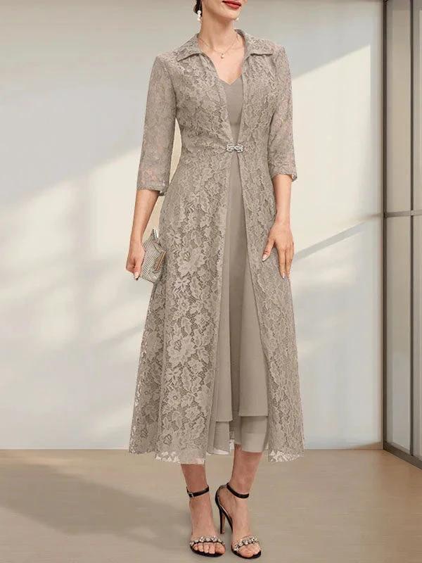 A-line V-Neck Tea-Length Chiffon Mother of the Bride Dress - Image 5
