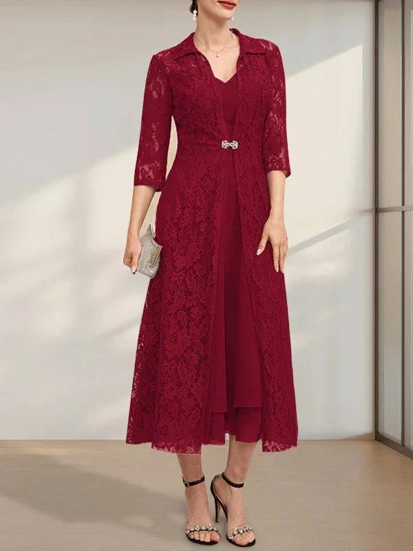 A-line V-Neck Tea-Length Chiffon Mother of the Bride Dress - Image 6