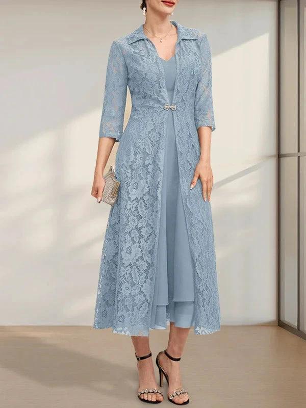 A-line V-Neck Tea-Length Chiffon Mother of the Bride Dress - Image 7