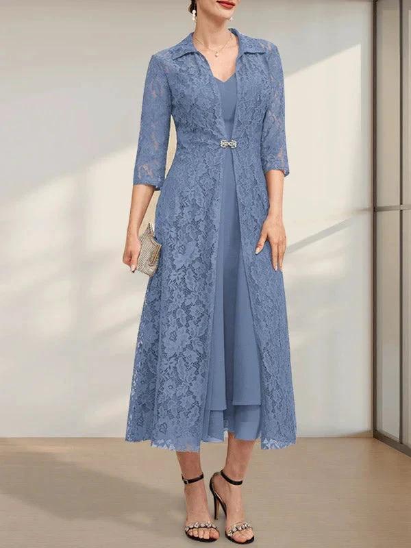 A-line V-Neck Tea-Length Chiffon Mother of the Bride Dress - Image 8
