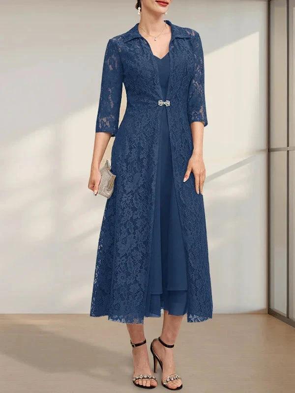 A-line V-Neck Tea-Length Chiffon Mother of the Bride Dress - Image 9