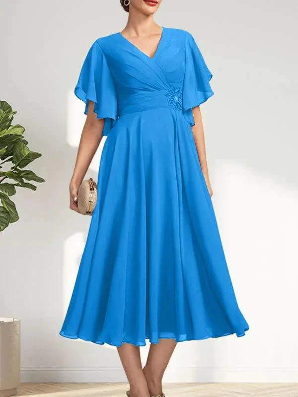 A-line V-Neck Tea-Length Chiffon Mother of the Bride Dress With Pleated Beading - Image 10
