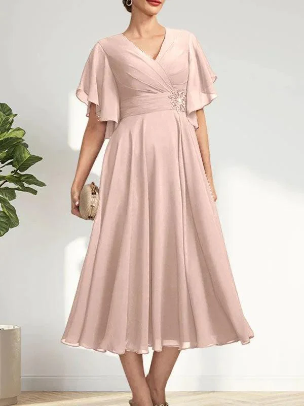 A-line V-Neck Tea-Length Chiffon Mother of the Bride Dress With Pleated Beading - Image 11