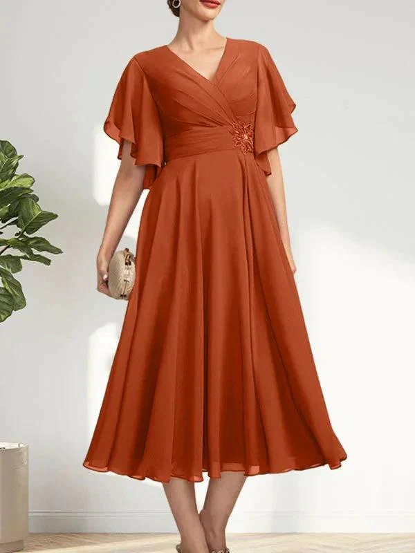 A-line V-Neck Tea-Length Chiffon Mother of the Bride Dress With Pleated Beading - Image 12