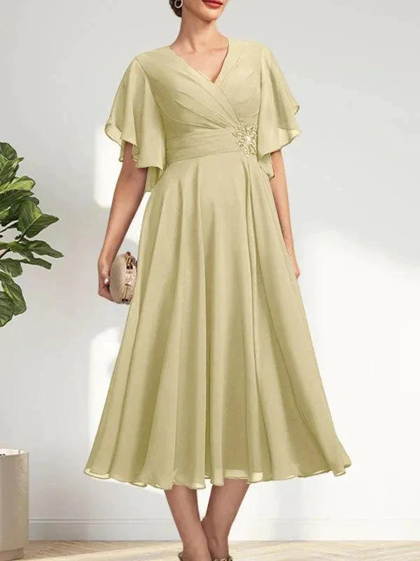 A-line V-Neck Tea-Length Chiffon Mother of the Bride Dress With Pleated Beading - Image 13