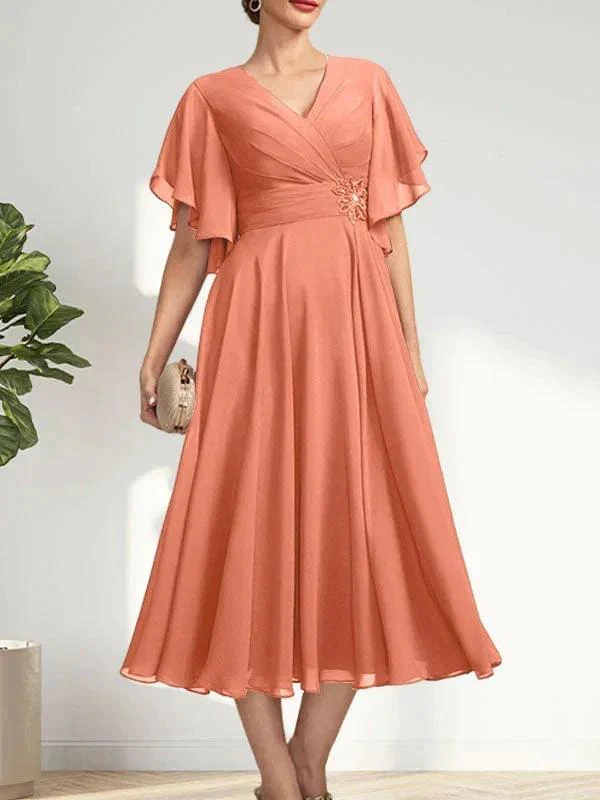 A-line V-Neck Tea-Length Chiffon Mother of the Bride Dress With Pleated Beading - Image 14