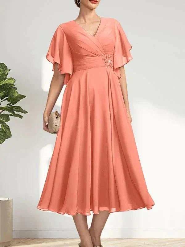 A-line V-Neck Tea-Length Chiffon Mother of the Bride Dress With Pleated Beading - Image 15