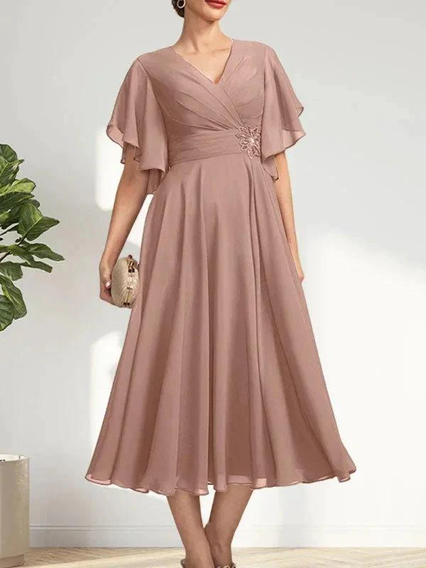 A-line V-Neck Tea-Length Chiffon Mother of the Bride Dress With Pleated Beading - Image 16