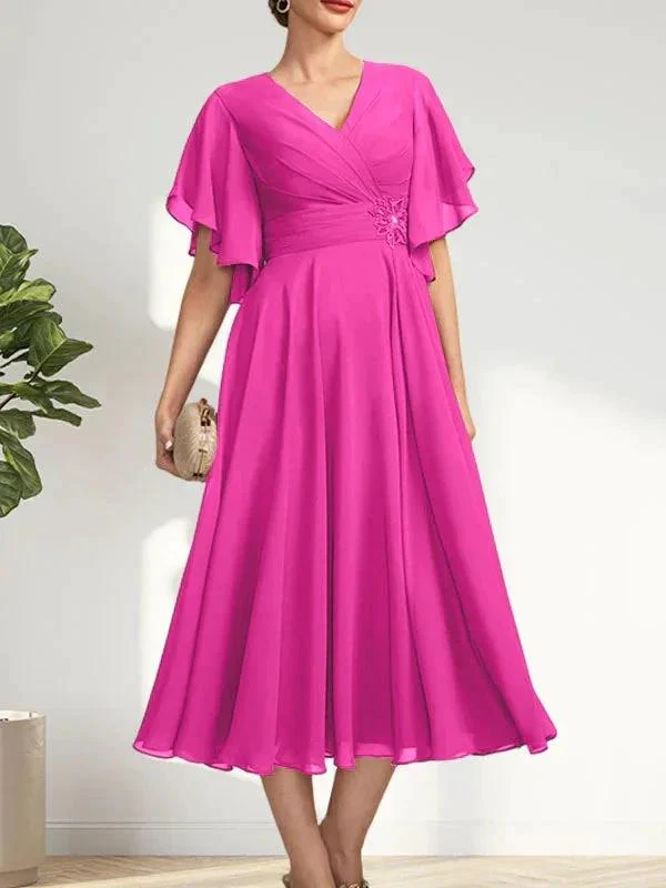 A-line V-Neck Tea-Length Chiffon Mother of the Bride Dress With Pleated Beading - Image 17