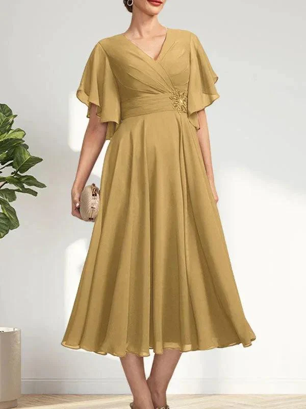 A-line V-Neck Tea-Length Chiffon Mother of the Bride Dress With Pleated Beading - Image 18