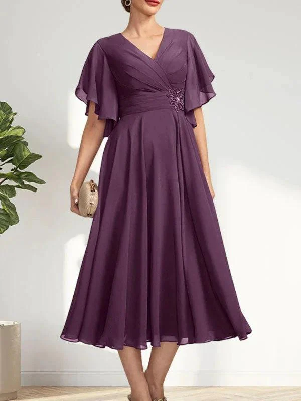 A-line V-Neck Tea-Length Chiffon Mother of the Bride Dress With Pleated Beading - Image 19