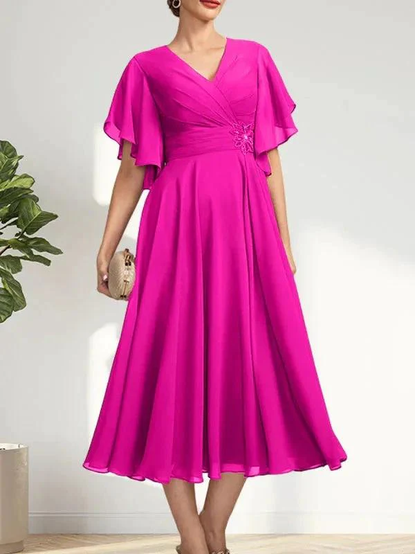 A-line V-Neck Tea-Length Chiffon Mother of the Bride Dress With Pleated Beading - Image 20