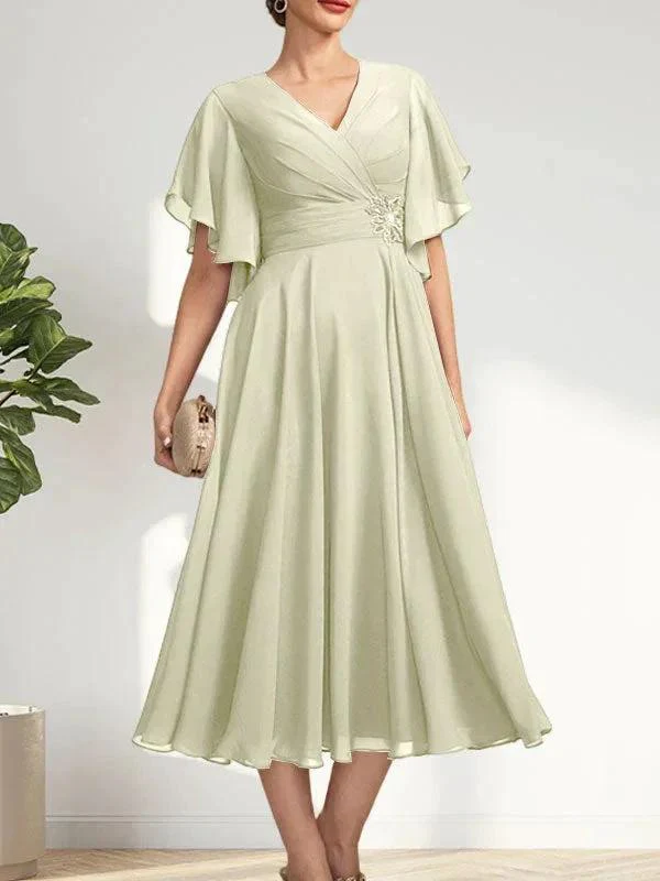 A-line V-Neck Tea-Length Chiffon Mother of the Bride Dress With Pleated Beading - Image 21