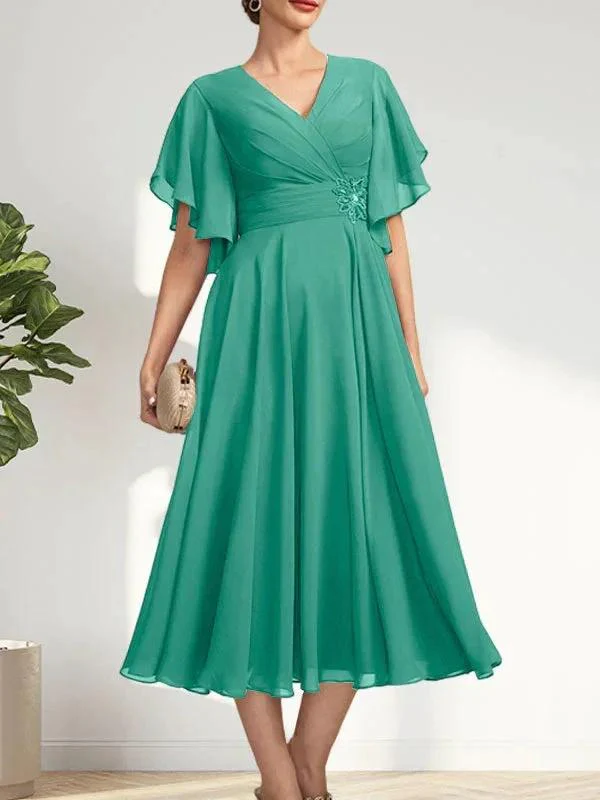 A-line V-Neck Tea-Length Chiffon Mother of the Bride Dress With Pleated Beading - Image 22