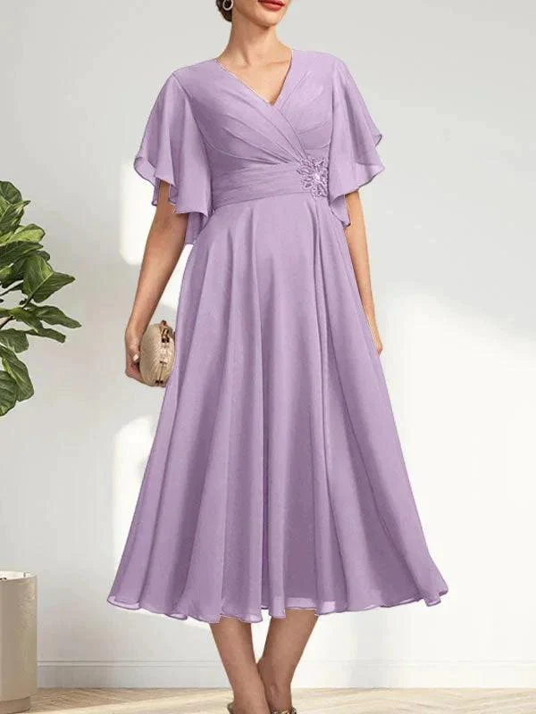 A-line V-Neck Tea-Length Chiffon Mother of the Bride Dress With Pleated Beading - Image 23