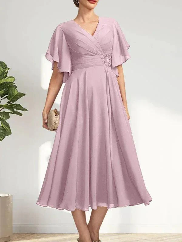 A-line V-Neck Tea-Length Chiffon Mother of the Bride Dress With Pleated Beading - Image 25