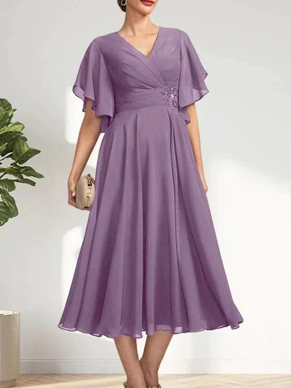 A-line V-Neck Tea-Length Chiffon Mother of the Bride Dress With Pleated Beading - Image 26