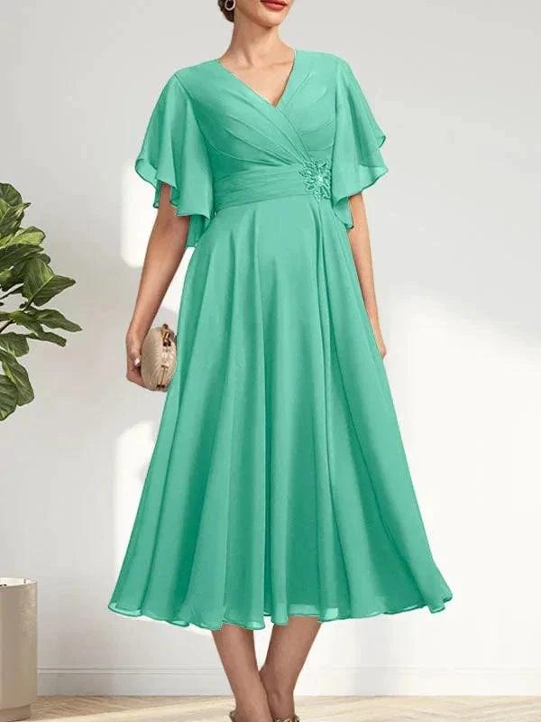 A-line V-Neck Tea-Length Chiffon Mother of the Bride Dress With Pleated Beading - Image 27