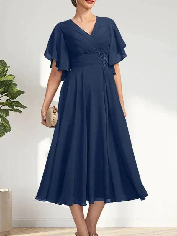 A-line V-Neck Tea-Length Chiffon Mother of the Bride Dress With Pleated Beading - Image 28