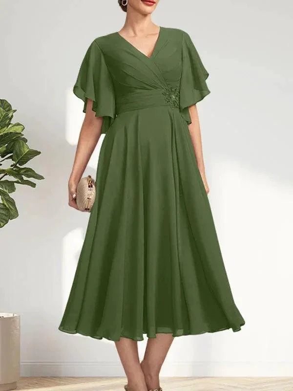 A-line V-Neck Tea-Length Chiffon Mother of the Bride Dress With Pleated Beading - Image 29