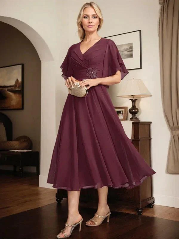 A-line V-Neck Tea-Length Chiffon Mother of the Bride Dress With Pleated Beading - Image 3