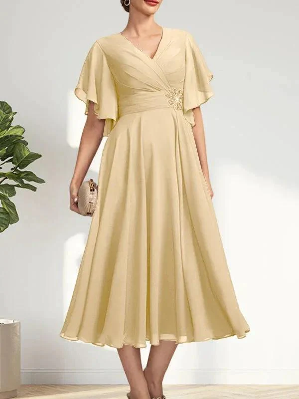 A-line V-Neck Tea-Length Chiffon Mother of the Bride Dress With Pleated Beading - Image 31