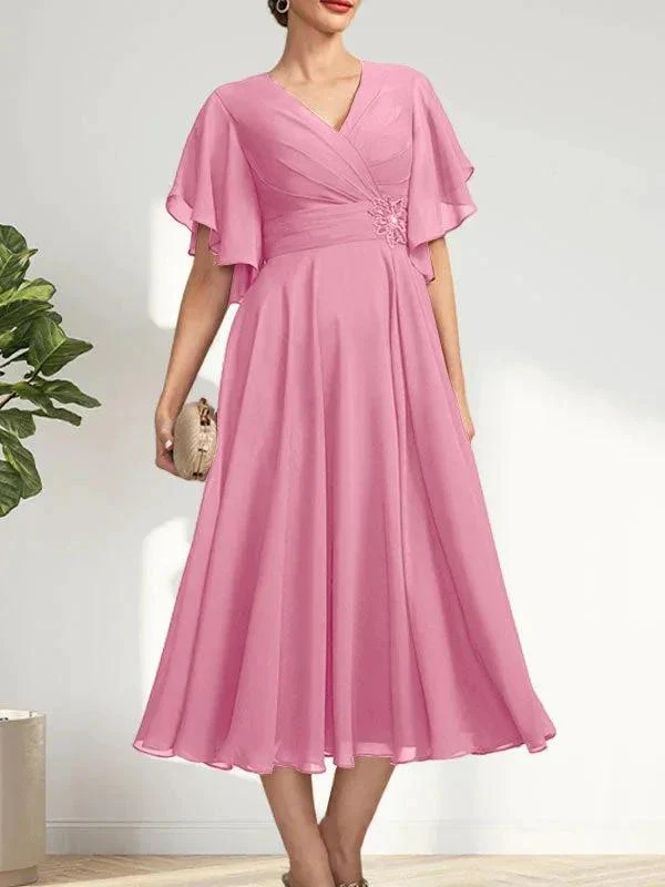 A-line V-Neck Tea-Length Chiffon Mother of the Bride Dress With Pleated Beading - Image 33