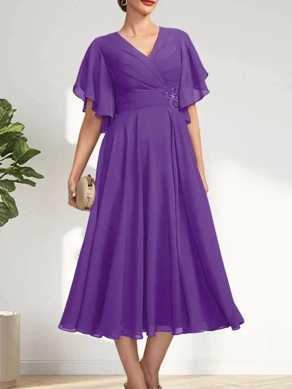 A-line V-Neck Tea-Length Chiffon Mother of the Bride Dress With Pleated Beading - Image 34