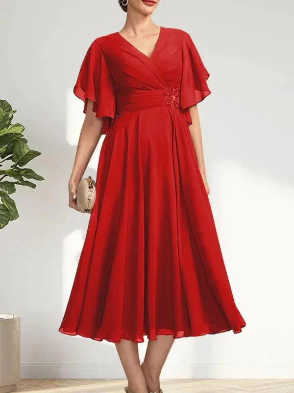 A-line V-Neck Tea-Length Chiffon Mother of the Bride Dress With Pleated Beading - Image 35