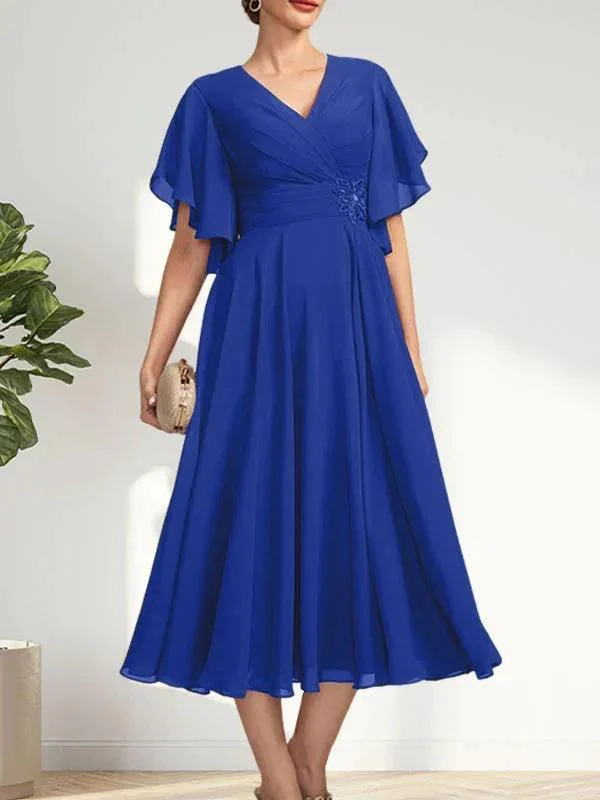 A-line V-Neck Tea-Length Chiffon Mother of the Bride Dress With Pleated Beading - Image 36