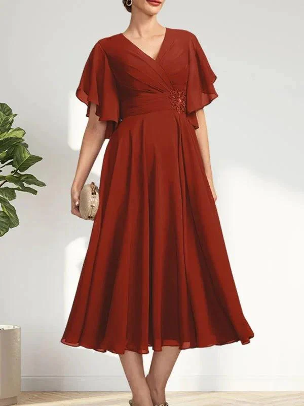 A-line V-Neck Tea-Length Chiffon Mother of the Bride Dress With Pleated Beading - Image 37