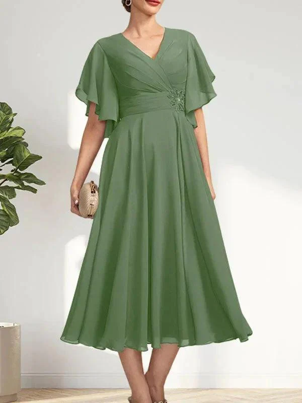 A-line V-Neck Tea-Length Chiffon Mother of the Bride Dress With Pleated Beading - Image 38