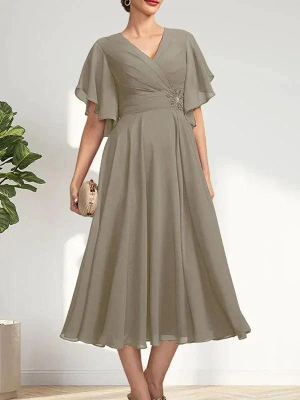 A-line V-Neck Tea-Length Chiffon Mother of the Bride Dress With Pleated Beading - Image 39