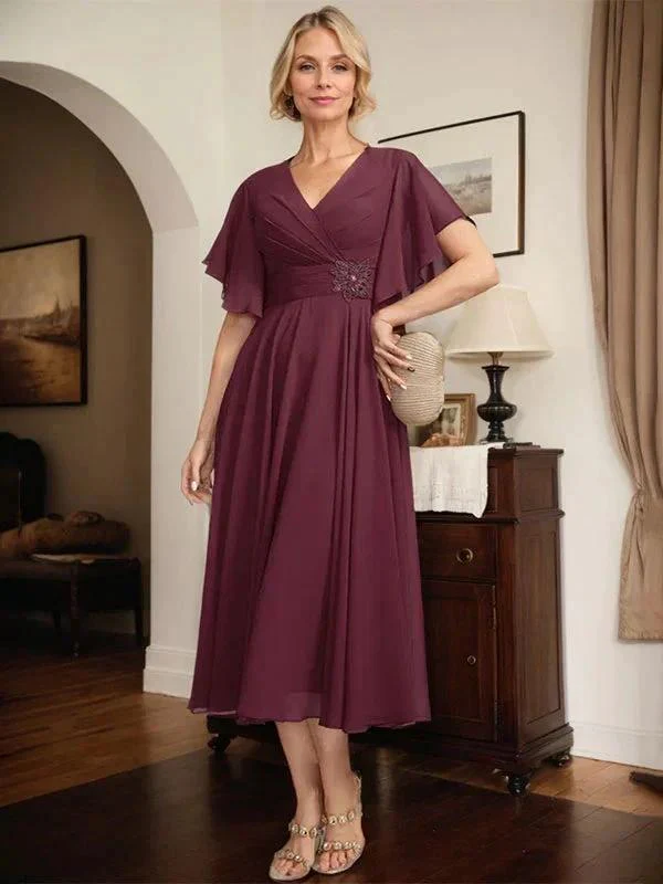 A-line V-Neck Tea-Length Chiffon Mother of the Bride Dress With Pleated Beading - Image 4